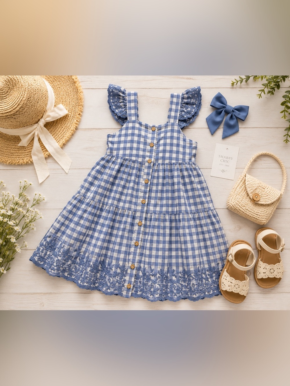 Shabby Chic Blue Gingham Ruffle Dress Girls Cotton Size 5 - Picture 2 of 6